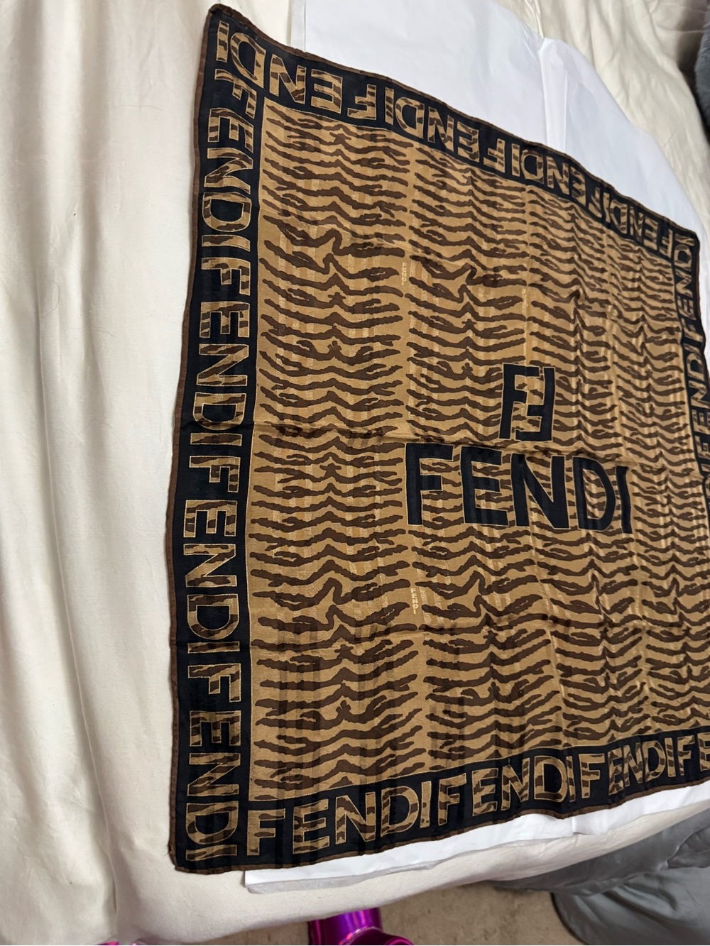 Fendi AUTHENTIC Vintage Logo FF Monogram Brown Black Zebra Small Scarf - Picture 10 of 16